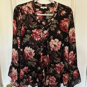 Pleione Black Blouse with Red and Cream Floral Pattern M
